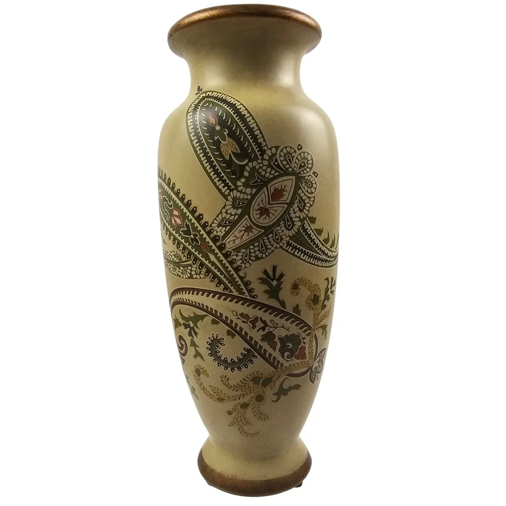 Cream Paisley Decorative Vase Bronze Trim Earthy Green Floral Pattern 12in